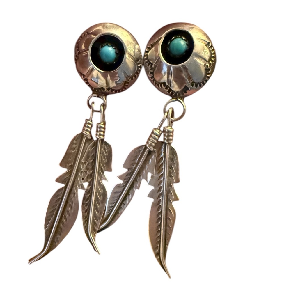 Vintage Sterling Silver and Turquoise Feather Post Dangle Southwestern Earrings